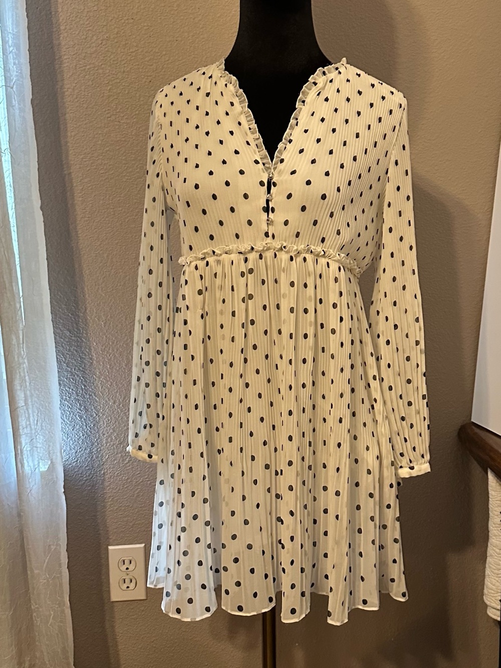 Zara White Polka Dot Long Sleeve Midi Dress